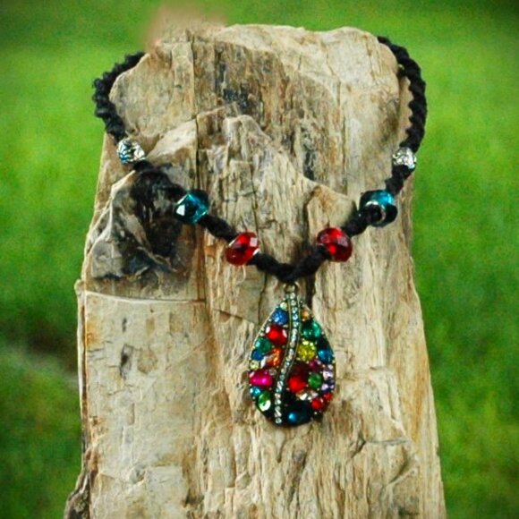 Rhinestone Multi-color Tear Drop on Black 16 3/4" Hemp Necklace - Picture 1 of 4